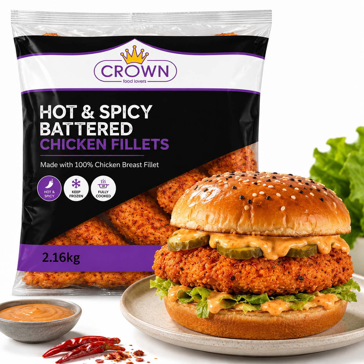 CROWN HOT&SPICY BATT CHICKEN FILLET BURGER(18X110g